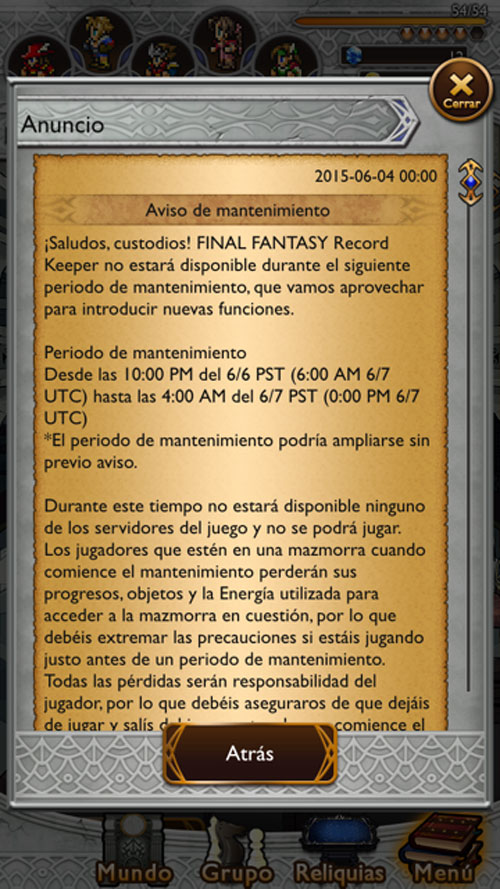 Final Fantasy Record Keeper: Locke y Vanille disponibles esta semana 13 Mantenimiento Final Fantasy RK
